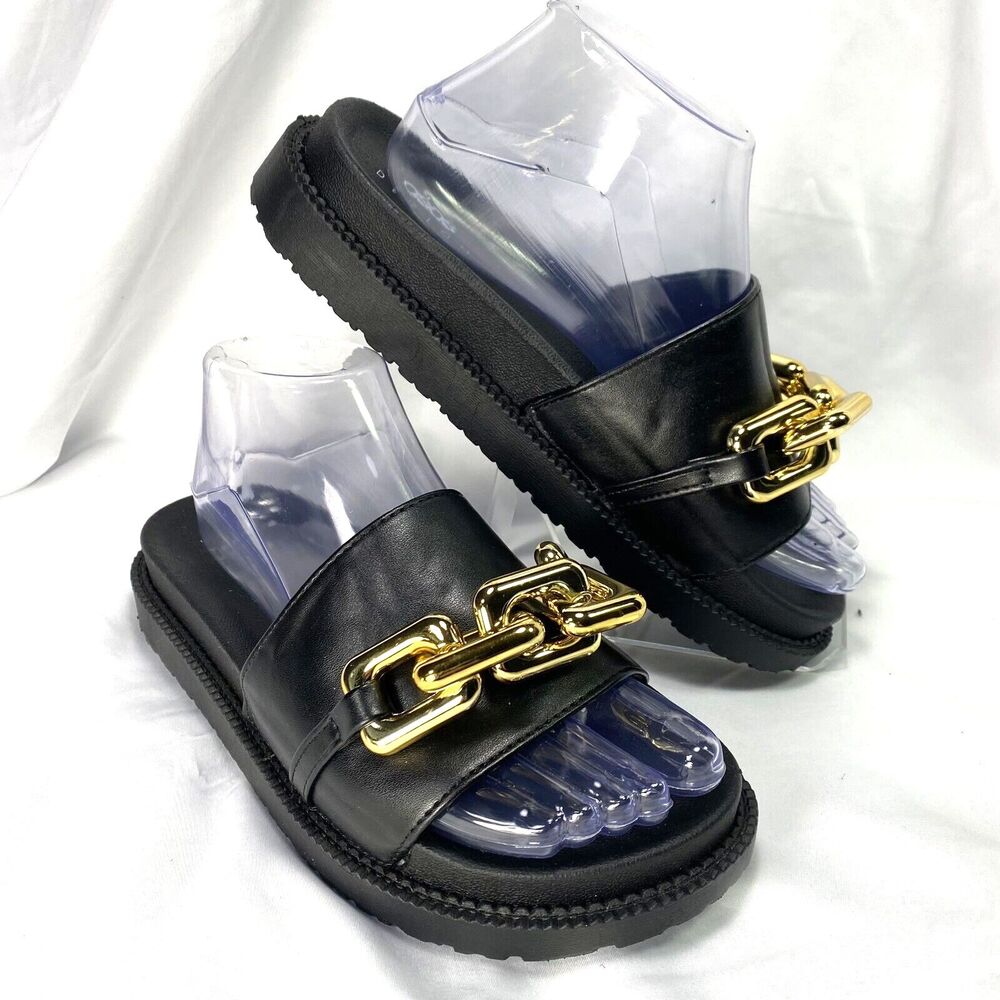 Asos Womens Sandals Size 7 Slides Black Gold Chain Faux Leather Comfortable